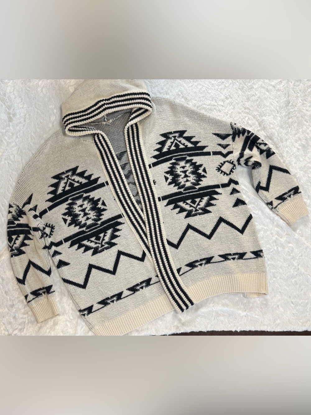 Ecote Black & Cream Aztec Hooded Open Cardigan